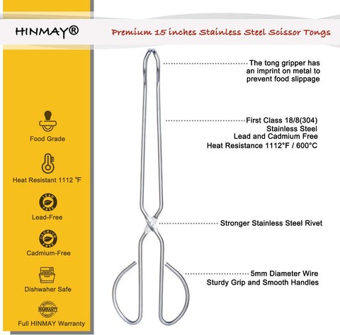 Image of 15" Stainless Steel Scissor Tongs, Long Handle Grilling Tongs