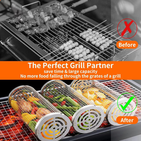 Image of Wrakus Rolling Grilling Baskets for Outdoor - Grill Grate Charcoal round BBQ Stainless Steel Basket Campfire Grid Camping Picnic Cookware 1 (2PCS 300 * 90 90Mm)