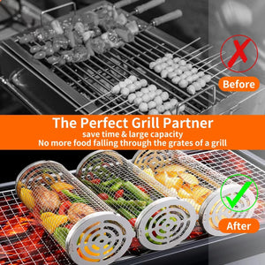 Wrakus Rolling Grilling Baskets for Outdoor - Grill Grate Charcoal round BBQ Stainless Steel Basket Campfire Grid Camping Picnic Cookware 1 (2PCS 300 * 90 90Mm)