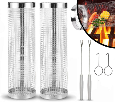 Image of Rolling Grilling Baskets for Outdoor Grill & BBQ - Stainless Steel Mesh Grill Basket for Fish, Shrimp, Meat, Vegetables, Fries and More- Set of 2 Cylindrical Barbeque Basket