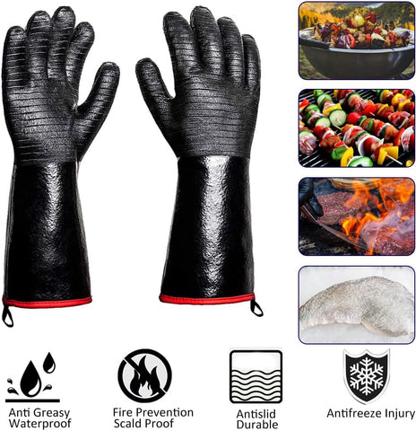 Image of 932°F Heat Resistant Gloves Non-Slip BBQ Gloves Waterproof Kitchen Gloves Fireproof Grilling Gloves Oil Resistant Barbecue Gloves Neoprene Coated Black Gloves for Fryer, Baking, Oven, Smoker,17In