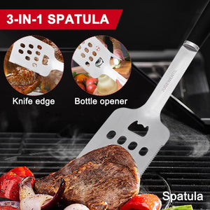 BBQ Grill Accessories, 4-Piece Stainless Steel Grill Tools with Grill Tongs, Grill Spatula, Grill Forks, Silicone Brush, the Ideal Outdoor Heavy-Duty BBQ Accessories, Grilling Gifts for Men.