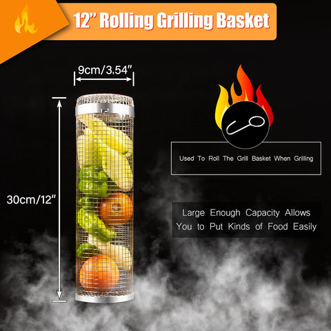 Image of Rolling Grilling Baskets for Outdoor Grilling 2 Pack 12 Inch,Lockable Lid 304 Stainless Steel BBQ Net Tube for Fruits/Vegetables/Meatballs/Sausage/Fish,For Family Gatherings/Party/Camping/Picnic/Barbecue (2Pcs-12Inch)