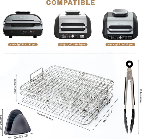 Image of Air Fryer Rack for Ninja Foodi Grill XL FG551/IG601/IG651, Multi-Layer Dehydrator Rack Air Fryer Accessories (Included Heat and Slip Resistant Silicone Mini Potholders Mitts and Kitchen Tongs)