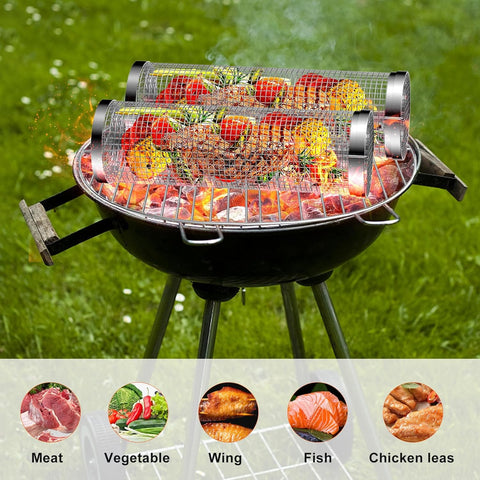 Image of Rolling Grilling Baskets,Grill Baskets for Outdoor Grill,  Stainless Steel Rolling Grill Basket, BBQ Grill Accessories Vegetable Grill Basket for Fish, Shrimp, Meat, Vegetables(2Pcs-12In)