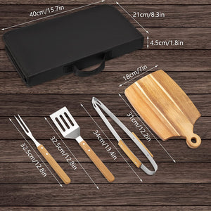 BBQ Tool Grill Accessories Set -  4PCS Stainless Steel Grilling Tools Kit with Acacia Wood Chopping Board,Spatula, Fork, BBQ Tongs Deluxe Barbecue Gift with Carrying Case