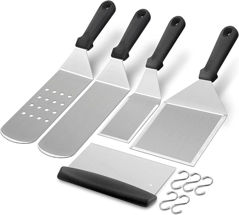 Image of Griddle Accessories Kit of 5, Hasteel Heavy Duty Metal Spatula, Professional Stainless Steel Flat Top Griddle Tools Set, Pancake Flipper/Griddle Scraper/Hamburger Turner for BBQ Grilling Cast Iron