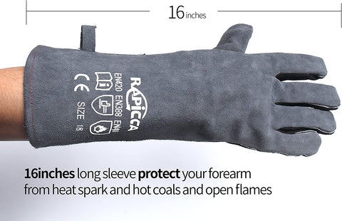 Image of Welding Gloves 16 Inches,662℉,Heat Resistant Leather Forge/Mig/Stick Welding Gloves Heat/Fire Resistant, Mitts for Oven/Grill/Fireplace/Furnace/Stove/Pot Holder/Bbq/Animal Handling-Grey