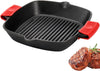 Cast Iron Grill Pan, 10" Square Skillet with Easy Grease Drain Spout and Two Heat Insulated Silicone Handle Cover, Pre Seasoned Grill Pan for Grilling Bacon, Steak, Meats, Camping