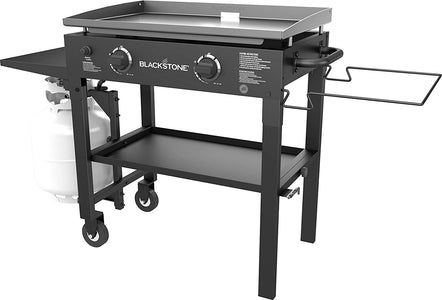 1853 Flat Top Gas Grill 2 Burner Propane Fuelled Rear Grease Management System 28” Outdoor Griddle Station for Camping with Built in Cutting Board and Garbage Holder, 28 Inch, Black