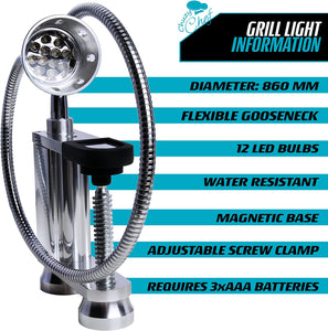 Magnetic BBQ Led Grill Light - 12 Super Bright LED Lights Adjustable 360 Degree Flexible Gooseneck & Screw Clamp for Outdoor & Indoor Barbeque Grill Lights Water Weather Resistant