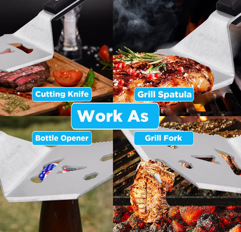 Image of Carvefun-5 in 1 Grill Spatula with Knife, Fork, Bottle Opener and Turner BBQ Tools. All in 1 Grill Accessories Set for Outdoor Barbecue Grills. 13.58 Inch Pakka Wood Handle Grilling BBQ Set