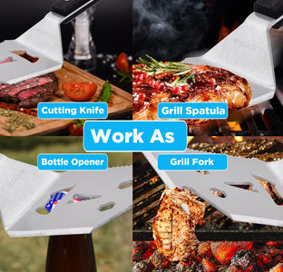 Carvefun-5 in 1 Grill Spatula with Knife, Fork, Bottle Opener and Turner BBQ Tools. All in 1 Grill Accessories Set for Outdoor Barbecue Grills. 13.58 Inch Pakka Wood Handle Grilling BBQ Set