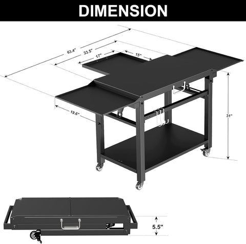Image of Kitchen Work Dining Table W/ Wheels, Pizza Oven Cart W/ Double-Shelf & 3 Shelves, Foldable Food Prep Cart for Outside, Outdoor Portable Grill Table for Blackstone, Weber, Cuisinart, Griddle, Ooni