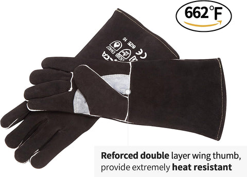 Image of Welding Gloves 14 Inches,662℉,Heat Resistant Leather Forge/Mig/Stick Welding Gloves Heat/Fire Resistant, Mitts for Oven/Grill/Fireplace/Furnace/Stove/Pot Holder/Bbq/Animal Handling-Black