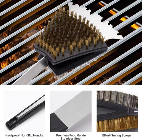 Image of Double Sided Grill Cleaning Brush and Scraper, 16.5" BBQ Brush, Barbecue Cleaner with Stainless & Brass Bristles, Grilling Grate Cleaner, Safe Grill Accessories for Cast Iron/Stainless Steel Grate