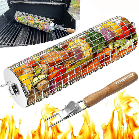 Image of CEBERVICE Rolling Grilling Baskets, SUS304 Stainless Steel, REMOVABLE WOODEN HANDLE, Portable BBQ Outdoor Camping round Cylinder Grilling Rack for Fish, Vegetables, Shrimp, Barbeque Griller Cooking Accessories Gifts for Men, Dad, Father, Husband