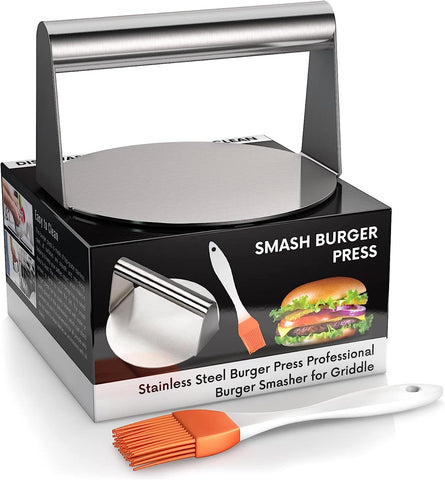 Image of Tranquility Living Burger Press Smasher, 304 Stainless Steel 5.5 Inches round with Oil Brush, Non-Stick Patty Maker and Burger Press, Dishwasher Safe and Perfect for Every Kitchen