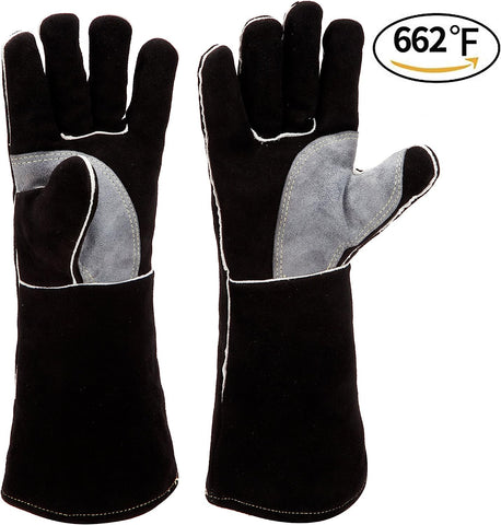 Image of Welding Gloves 14 Inches,662℉,Heat Resistant Leather Forge/Mig/Stick Welding Gloves Heat/Fire Resistant, Mitts for Oven/Grill/Fireplace/Furnace/Stove/Pot Holder/Bbq/Animal Handling-Black