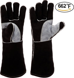 Welding Gloves 14 Inches,662℉,Heat Resistant Leather Forge/Mig/Stick Welding Gloves Heat/Fire Resistant, Mitts for Oven/Grill/Fireplace/Furnace/Stove/Pot Holder/Bbq/Animal Handling-Black