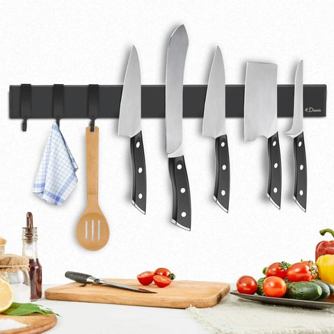 Image of Magnetic Knife Holder for Wall—With 3 Hooks, No Drilling 16 Inch Black Knife Magnetic Strip, Powerful Knife Magnet Rack, Include Adhesive Tape and Screws for Knives, Utensils, and Tools