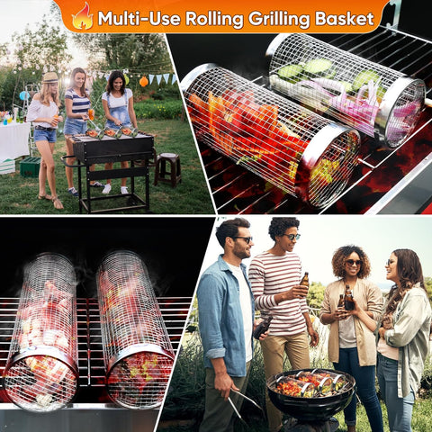 Image of 2PCS Grill Basket, Rolling Grill Basket, Stainless Steel round BBQ Grill Accessories, Grill Baskets for Outdoor Grill Party Camp Kitchen, Fish, Shrimp, Meat, Vegetables, Fries(3.5 * 3.5 * 11.8 Inch)