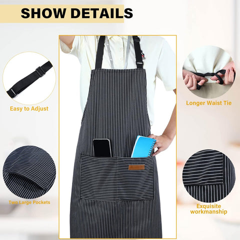 Image of Cooking Apron with Pockets Waterproof Baking Apron Soft Chef Kitchen Aprons Cotton Polyester Blend Adjustable Bib Aprons for Women Men, Crafting BBQ, Black, Blue, Pink, Grey Stripes(4 Pcs)