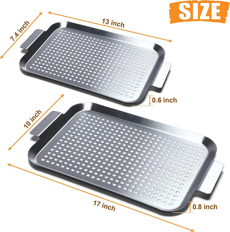 Image of COOK TIME Grill Pan Set of 2, BBQ Grill Topper for Outdoor Grill, Stainless Steel Grilling Baskets with Holes and Handles, Perforated Food Tray Barbecue Accessories for Vegetable, Fish, Meat, Seafood