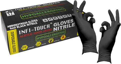 Image of - Black Nitrile Gloves, Hypoallergenic Co-Polymer 6 Mill Thickness, Disposable Gloves, Powder Free, Non Sterile, Ambidextrous, Finger Tip Textured, Dispenser Pack of 100, Size. Medium.