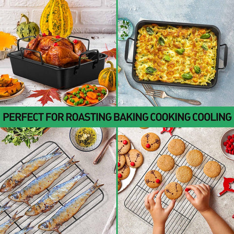 Image of 14 Inch Roasting Pan with Rack Set, P&P CHEF Turkey Roaster Pan & V-Shape Baking Rack & Cooling Rack for Chicken Vegetable Lasagna Cookie, Nonstick Coating & Stainless Steel Core, Sturdy & Healthy
