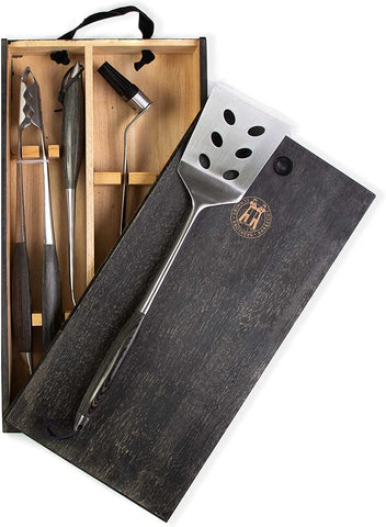 Image of Schmidt Brothers - BBQ Ash 4 Piece Grill Set, Full-Forged Stainless Steel Grilling Utensils Including Spatula, Fork, Basting Brush, and Tongs with All Wood Handles