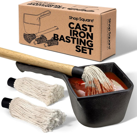 Image of Cast Iron Basting Pot and BBQ Mop Brush - BBQ Basting Set with Saucepan and Brush for Meat Smoker, Grill and Stove - BBQ Meat Smoker Accessories Gift for Men, 24 Oz