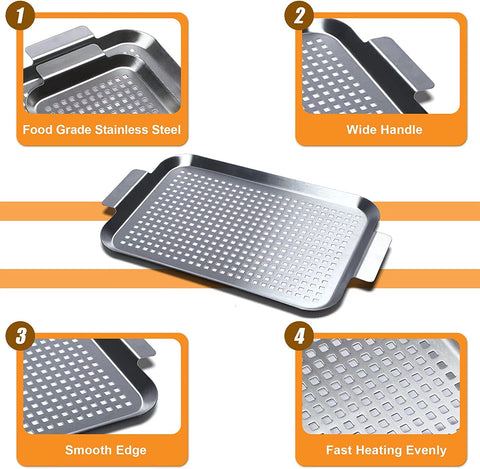 Image of COOK TIME Grill Pan Set of 2, BBQ Grill Topper for Outdoor Grill, Stainless Steel Grilling Baskets with Holes and Handles, Perforated Food Tray Barbecue Accessories for Vegetable, Fish, Meat, Seafood