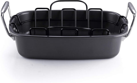 Image of Cook N Home Nonstick Roasting Pan Bakeware Roaster with Rack, 17X13-Inches, Black