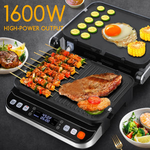 10 in 1 Panini Press Sandwich Maker,  1600W Electric Indoor Grill with Non-Stick Double Sided Plates, LED Touch Screen, Independent Temperature Control, Opens 180 Degrees, Stainless Steel