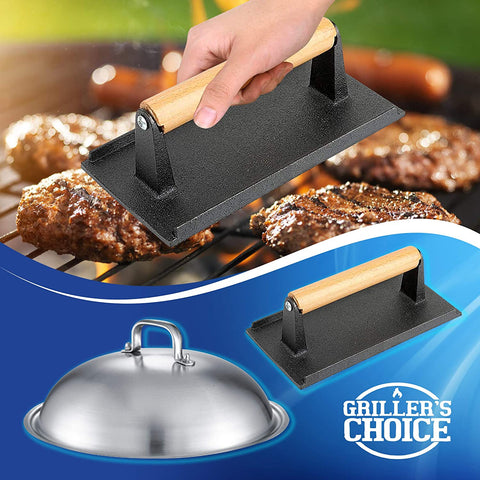 Image of Grillers Choice Griddle Accessories, Flat Top Grill Accessories.Commercial Quality Cast Iron Grill Press and Melting Dome. Griddle Grill Dome for Cooking and Griddle Cheese Press.