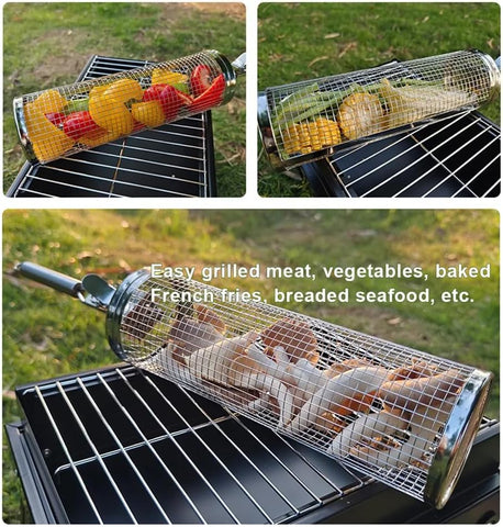 Image of Rolling Grilling/Barbeque Baskets with Handle-Stainless BBQ Grill Mesh for Outdoor Camping/Grilling- Multipurpose Grilling Accessories Barbecue Rack/Net for Meat, Vegetables, Chips, French Fries, Fish