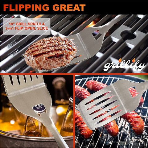 Image of 4Pc Grilling Tools Set - Grate Cleaner Brush Scraper Grill Accessories + BBQ Tools Set Grill Utensils Spatula, Tongs, Fork - Grilling Gifts for Dad