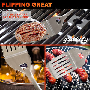 4Pc Grilling Tools Set - Grate Cleaner Brush Scraper Grill Accessories + BBQ Tools Set Grill Utensils Spatula, Tongs, Fork - Grilling Gifts for Dad