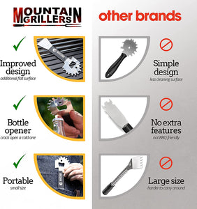 Mountain Grillers BBQ Grill Grate Scraper Wide Portable Grill Scrubber Fits Almost Any Grill, Griddle, Smoke Oven Grate Compact Non Slip Stainless Steel Grill Cleaner Tool with Built-In Bottle Opener