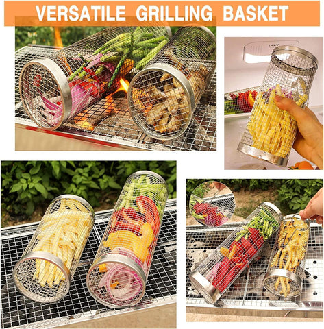 Image of BBQ Rolling Grilling Basket for Outdoor Grill-1Pcs Stainless Steel, round Grill Mesh Outdoor Camping for Vegetables, French Fries, Fish, Shrimp, Meat.