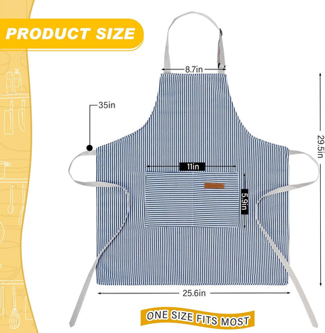 Image of Cooking Apron with Pockets Waterproof Baking Apron Soft Chef Kitchen Aprons Cotton Polyester Blend Adjustable Bib Aprons for Women Men, Crafting BBQ, Black, Blue, Pink, Grey Stripes(4 Pcs)