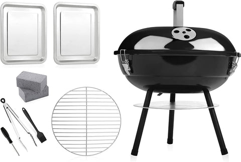Image of 14Inches Portable Outdoor Charcoal Grill Set of 9, Leonyo Small BBQ Charcoal Grill, Tabletop Mini Grill for Camping, Barbecue Grill Cooking Kit with Extra Grill Grate, Cleaning Bricks, Grill Trays