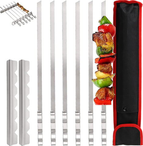 Image of Dicunoy 9 PCS Stainless Steel Barbecue Skewers, 17" Kabob Skewers for Grilling,Reusable Metal Flat Shish BBQ Sticks with Kabob Rack Stand for Meat, Shrimp, Chicken, Vegetable Grill