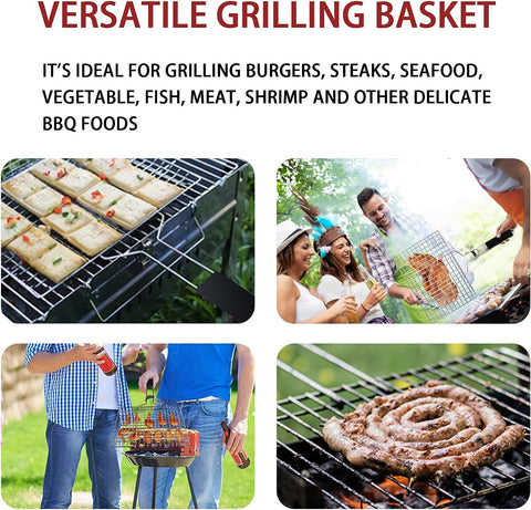 Image of Grilling Basket Fish Grill Basket and Vegetable Grill Basket Stainless Steel Outdoor Grill Accessories with Removable Handle Portable BBQ Tool for Outdoor Grilling. Amazing Grill Basket Gift for Man & Dad