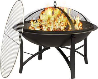 Fire Beauty Fire Pit for outside Wood Burning Firepit BBQ Grill Steel Fire Bowl with Spark Screen Cover, Log Grate, Poker for Camping Beach Bonfire Picnic Backyard Garden