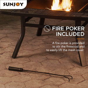 Sunjoy 38 In. Fire Pit for Outside, Square Wood Burning Firepit Large Steel Fire Pits with Adjustable Cooking Swivel BBQ Grill and Fire Poker Black