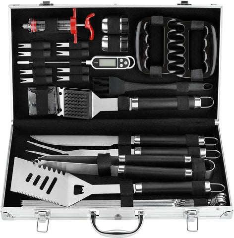Image of 26PC Exclusive BBQ Grill Accessories in Aluminum Case for Birthday Christmas Grilling Gifts - Premium Grill Utensils Set with Barbecue Claws, Meat Injector, Thermometer for Smoker, Camping