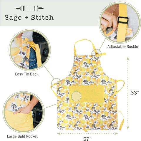 Image of Adjustable Designer Kitchen Apron for Adults | 100% Machine Washable Cotton Cooking Apron with Pockets and Adjustable Neck Buckle | 27" Wide X 33" Long | Yellow Lemons
