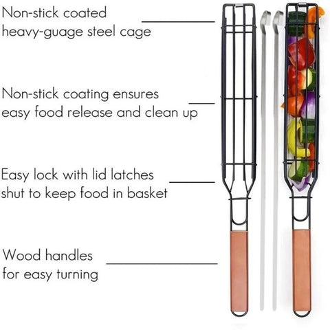 Image of Kabob Grilling Basket Reusable Durable Anti-Corrosion Wooden Handle Barbecue Tool Grill Basket Grill Net for Co Worker Bbq P1